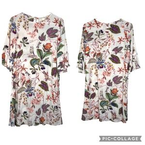 HM Shift Dress White Botanical Dragonfly Floral Ruffle Bell Sleeve Boho Size 4